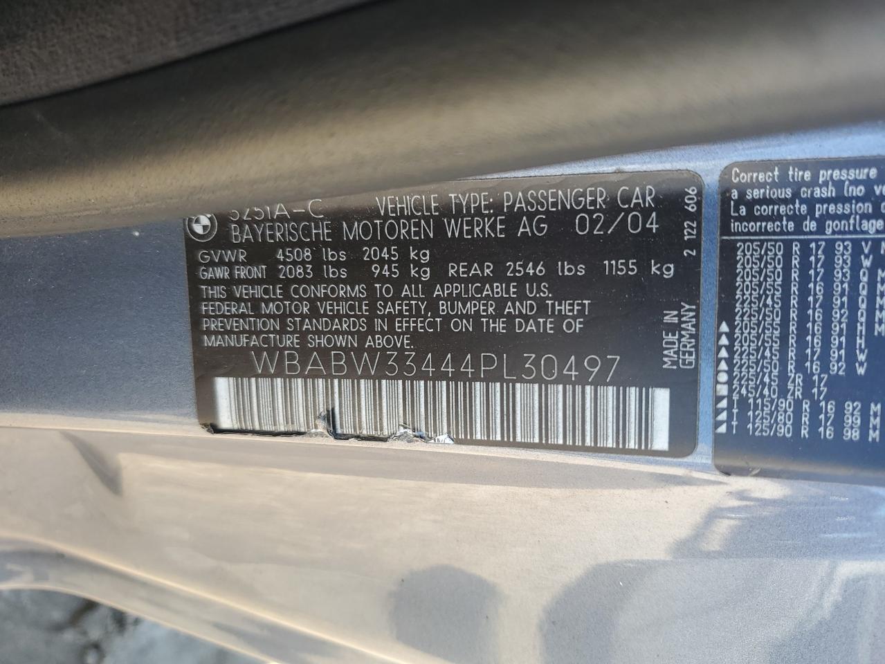 2004 BMW 325 Ci VIN: WBABW33444PL30497 Lot: 90453965