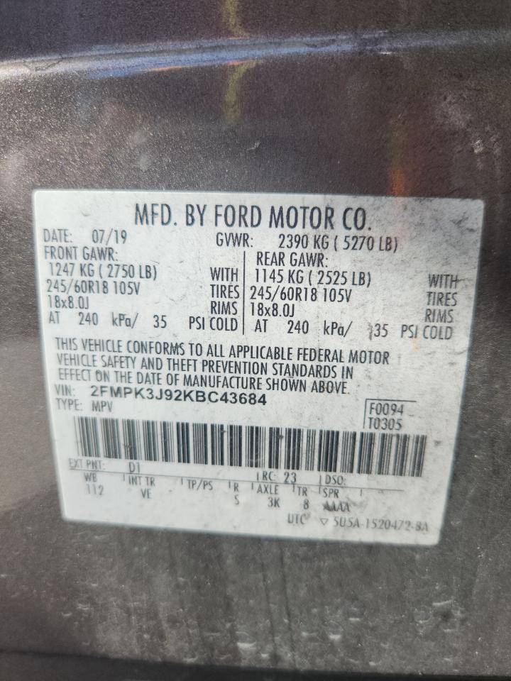2019 Ford Edge Sel VIN: 2FMPK3J92KBC43684 Lot: 84340195