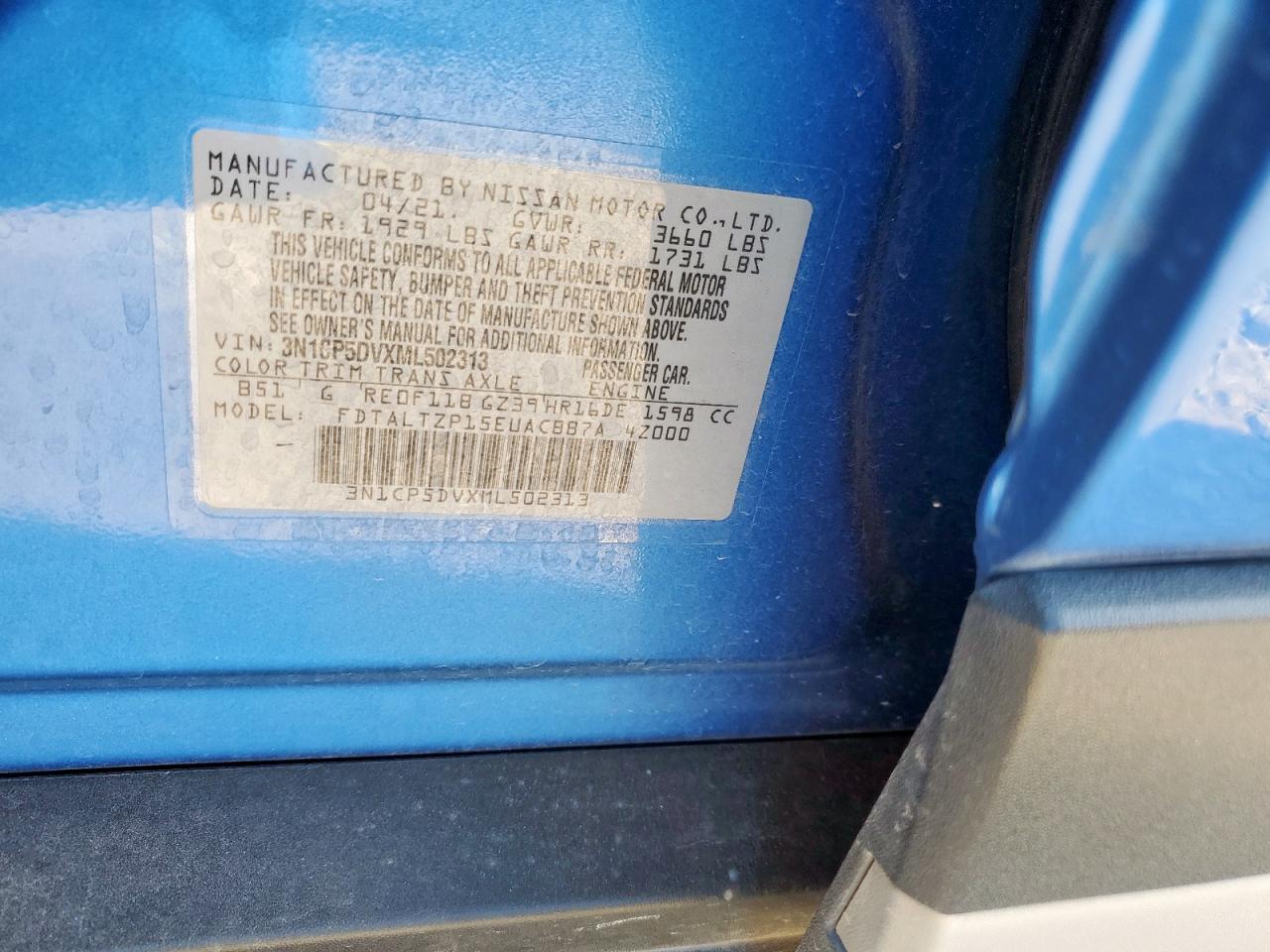 2021 Nissan Kicks Sr VIN: 3N1CP5DVXML502313 Lot: 85486205