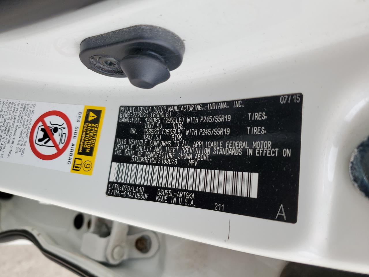 2015 Toyota Highlander Limited VIN: 5TDDKRFH5FS188078 Lot: 85918125