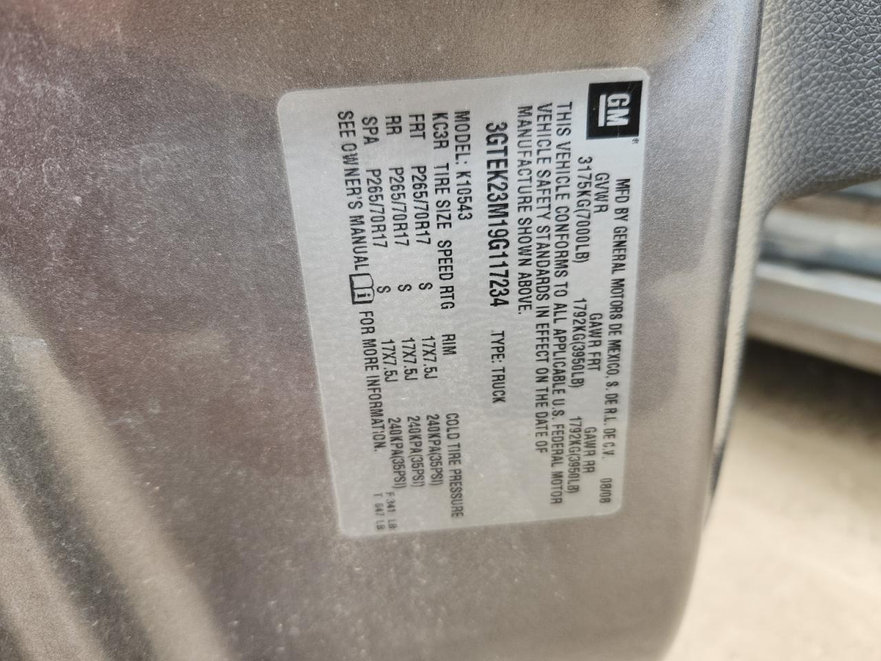 2009 GMC Sierra K1500 Sle VIN: 3GTEK23M19G117234 Lot: 90826825