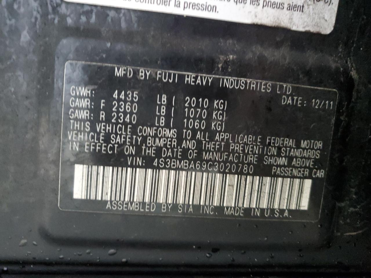 2012 Subaru Legacy 2.5I VIN: 4S3BMBA69C3020780 Lot: 89481785