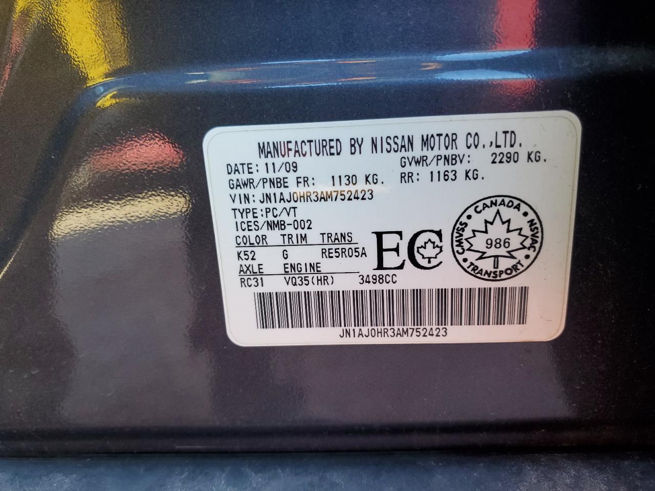 2010 Infiniti Ex35 Base VIN: JN1AJ0HR3AM752423 Lot: 90064515