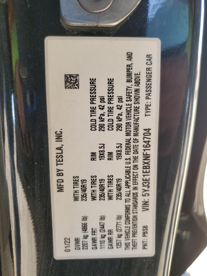 2022 Tesla Model 3 VIN: 5YJ3E1EBXNF164704 Lot: 90807695