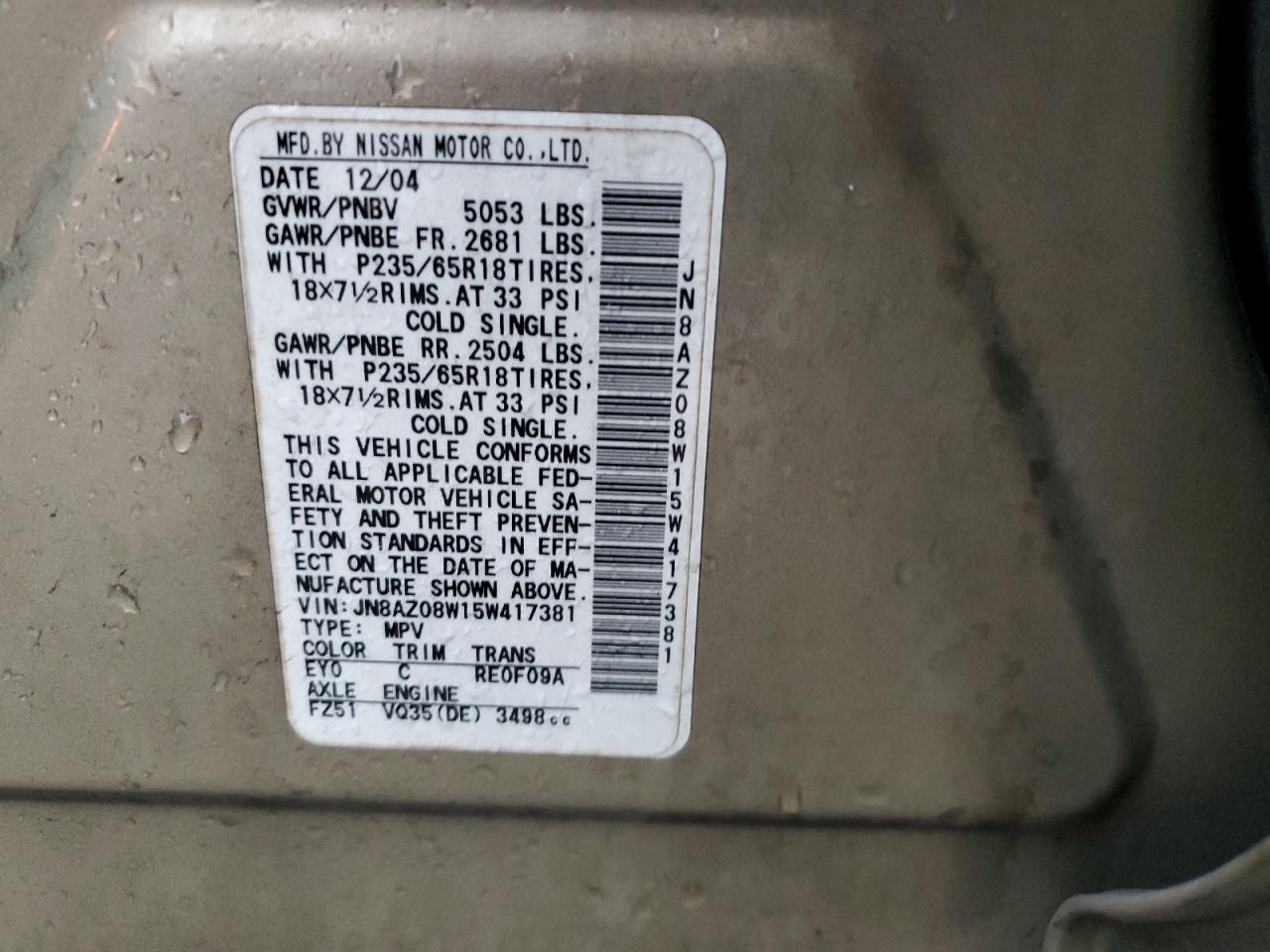 2005 Nissan Murano Sl VIN: JN8AZ08W15W417381 Lot: 86455975