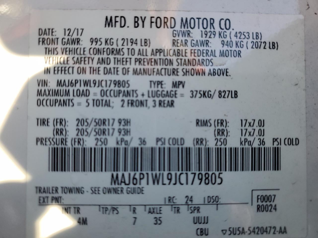 2018 Ford Ecosport Titanium VIN: MAJ6P1WL9JC179805 Lot: 89702335