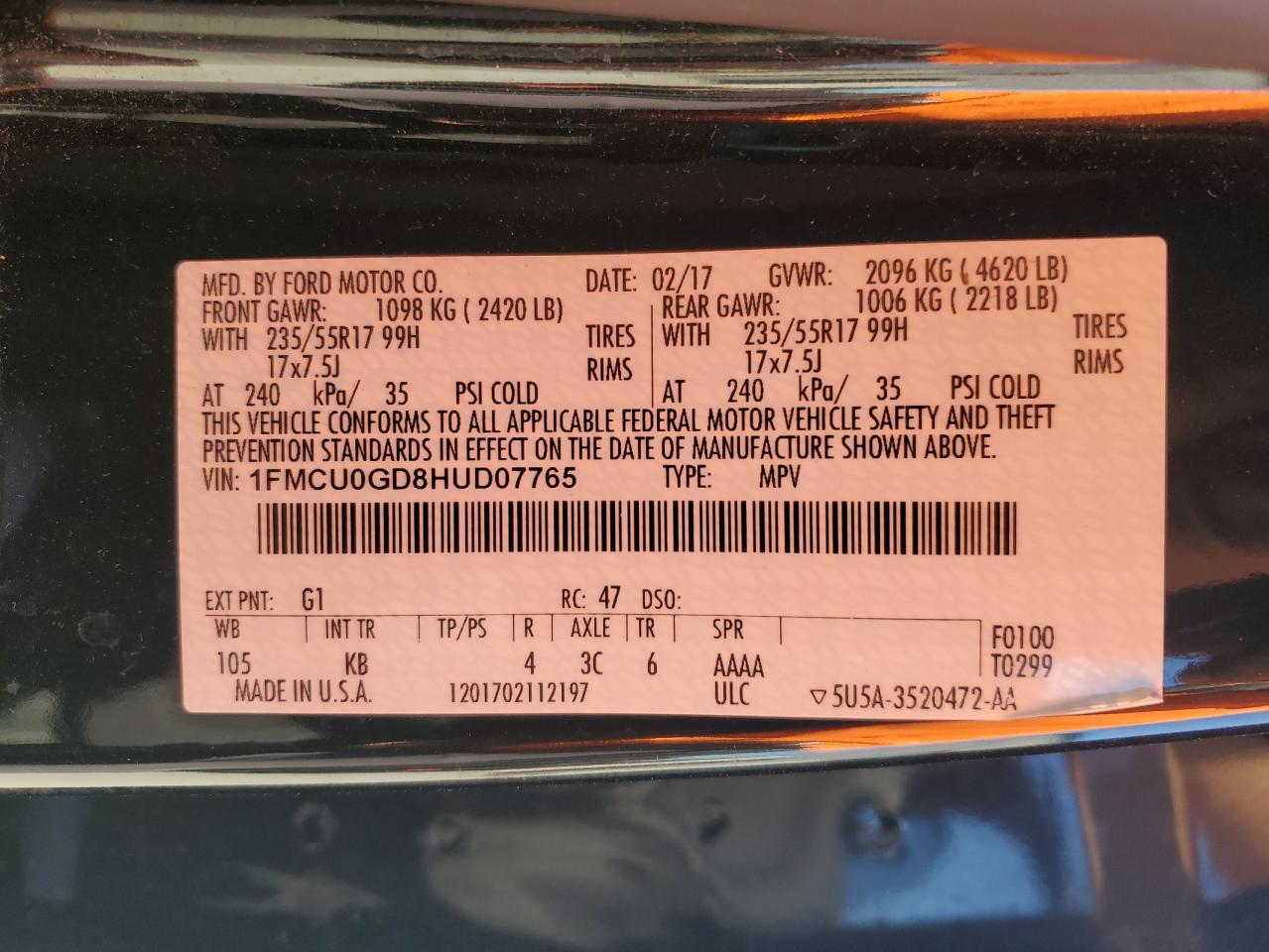 2017 Ford Escape Se VIN: 1FMCU0GD8HUD07765 Lot: 86484665