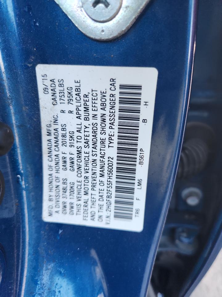 2015 Honda Civic Lx VIN: 2HGFB2F55FH560072 Lot: 81601825