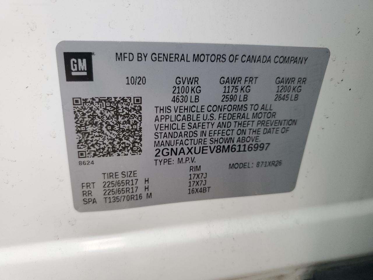 2021 Chevrolet Equinox Lt VIN: 2GNAXUEV8M6116997 Lot: 86666105