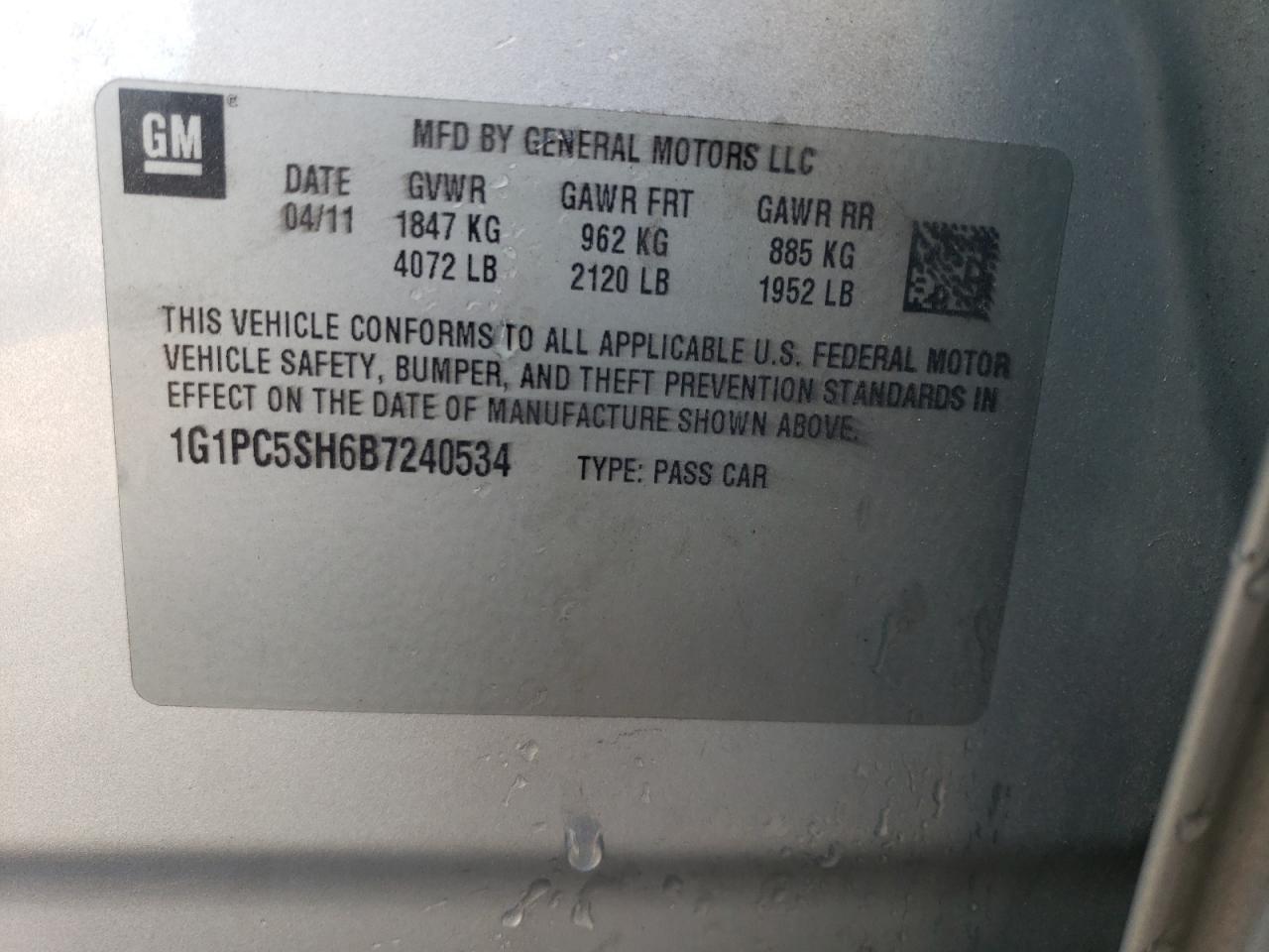 2011 Chevrolet Cruze Ls VIN: 1G1PC5SH6B7240534 Lot: 86092295