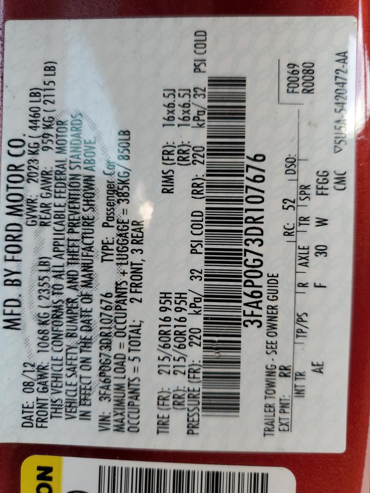 2013 Ford Fusion S VIN: 3FA6P0G73DR107676 Lot: 90138035