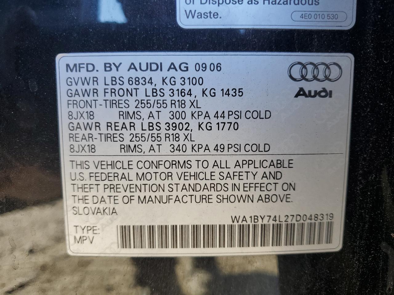 2007 Audi Q7 3.6 Quattro Premium VIN: WA1BY74L27D048319 Lot: 85381735