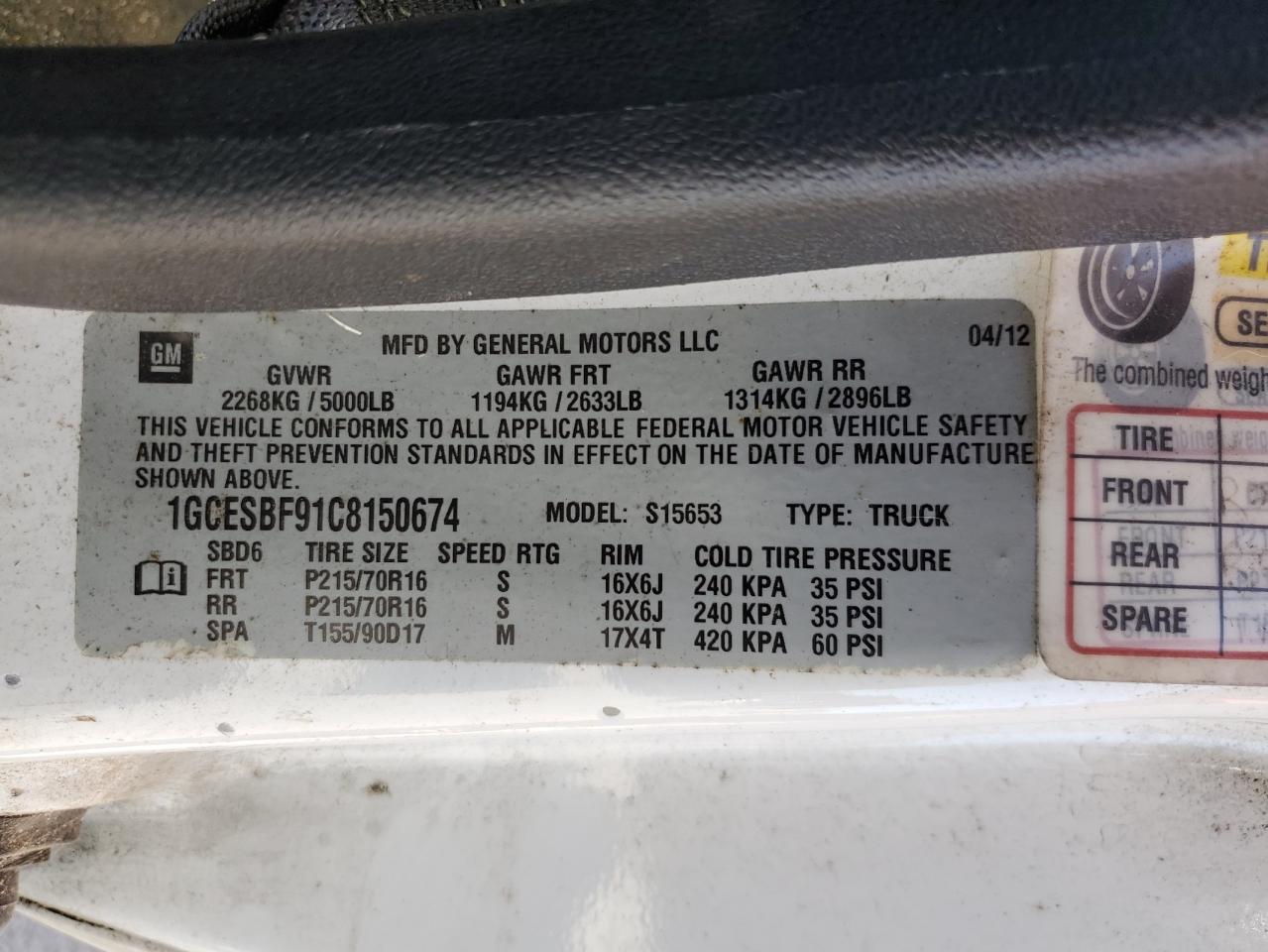2012 Chevrolet Colorado VIN: 1GCESBF91C8150674 Lot: 86051105