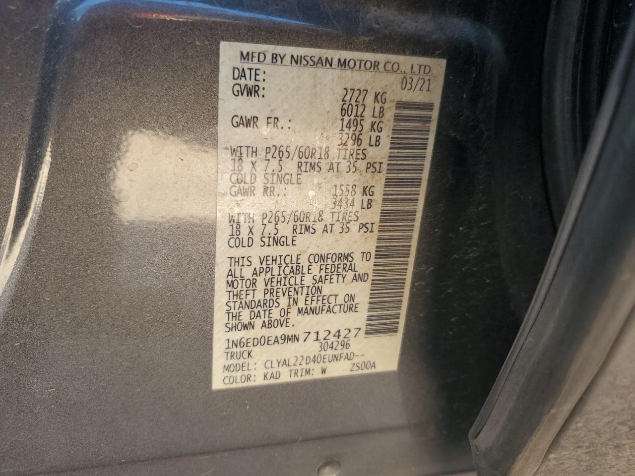 2021 Nissan Frontier S VIN: 1N6ED0EA9MN712427 Lot: 85830275