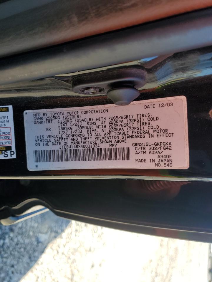 2004 Toyota 4Runner Sr5 VIN: JTEBU14RX40031334 Lot: 81802625