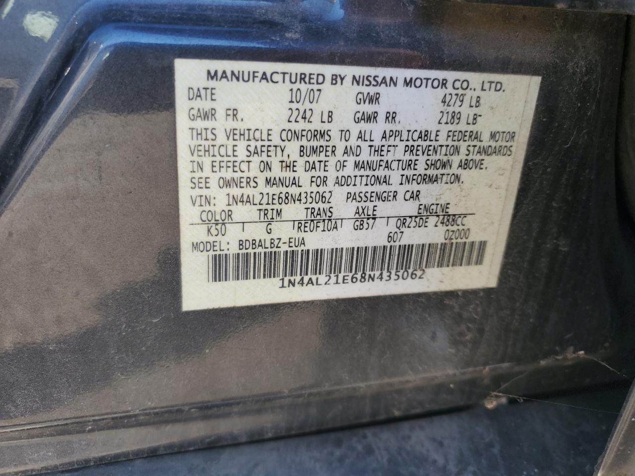 2008 Nissan Altima 2.5 VIN: 1N4AL21E68N435062 Lot: 82286385