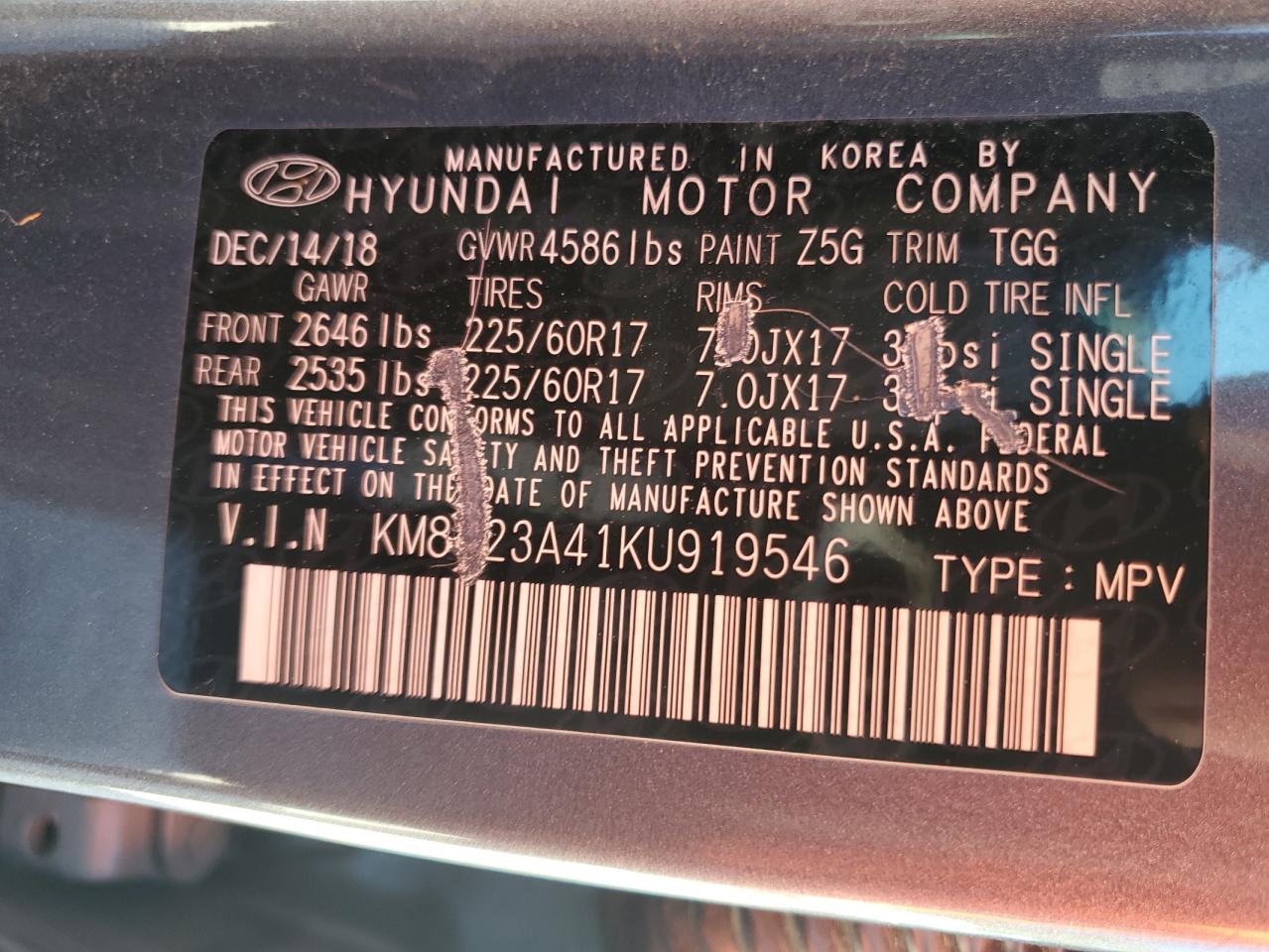 2019 Hyundai Tucson Se VIN: KM8J23A41KU919546 Lot: 82490425