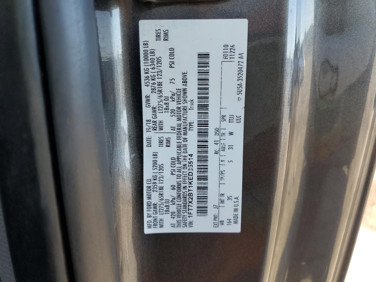 2019 Ford F250 Super Duty VIN: 1FT7X2BT1KED35514 Lot: 87008455