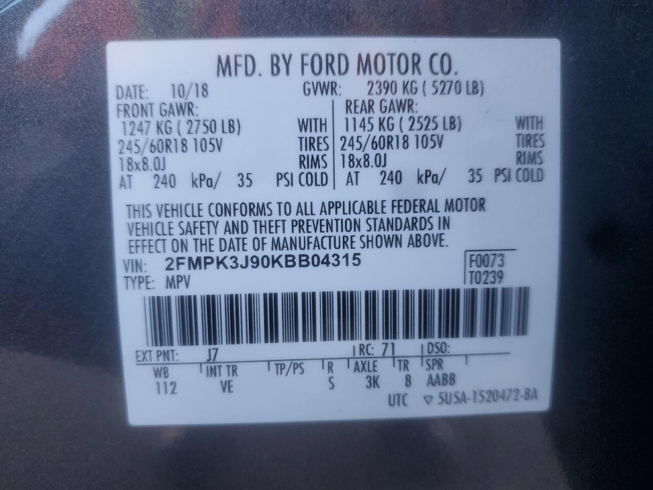 2019 Ford Edge Sel VIN: 2FMPK3J90KBB04315 Lot: 90275665