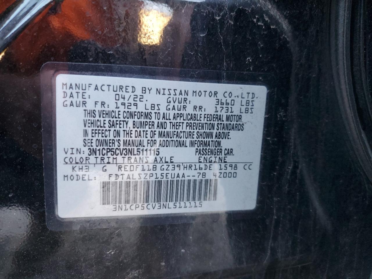 2022 Nissan Kicks Sv VIN: 3N1CP5CV3NL511115 Lot: 85128405