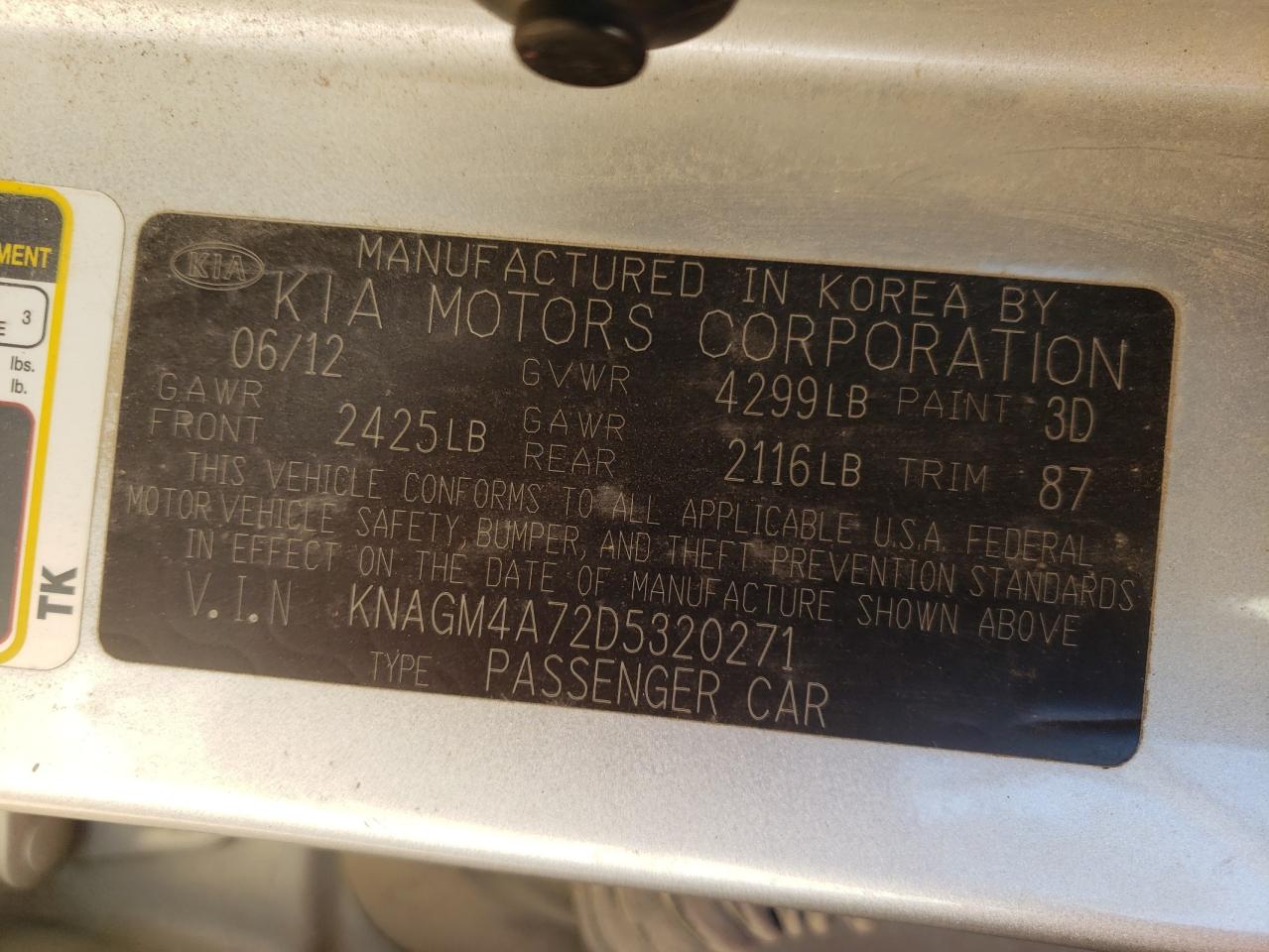 2013 Kia Optima Lx VIN: KNAGM4A72D5320271 Lot: 85726145