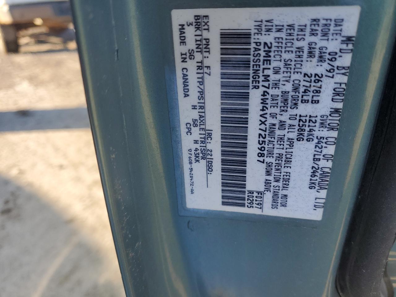 1997 Mercury Grand Marquis Gs VIN: 2MELM74W4VX725987 Lot: 86642615