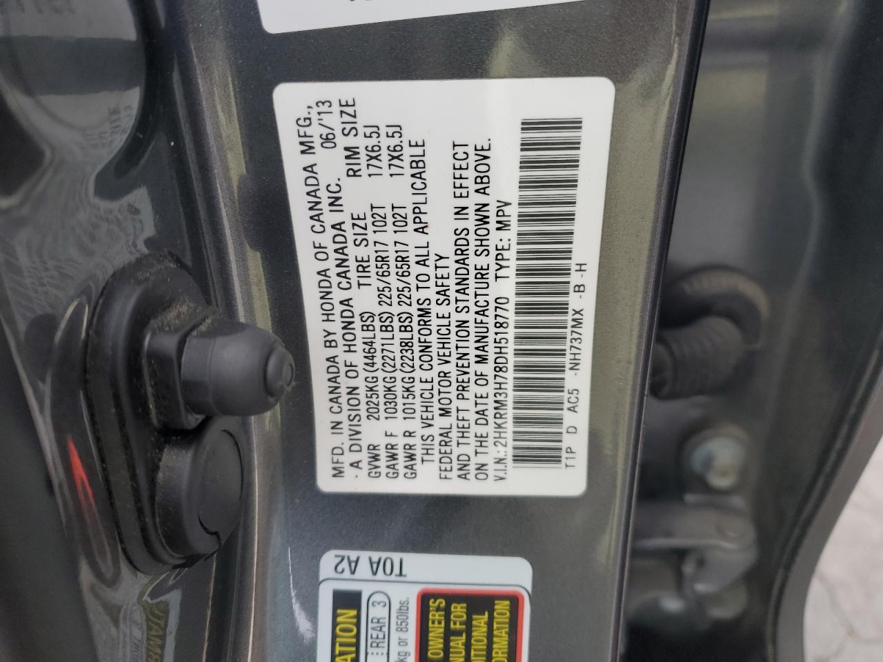 2013 Honda Cr-V Exl VIN: 2HKRM3H78DH518770 Lot: 89726085