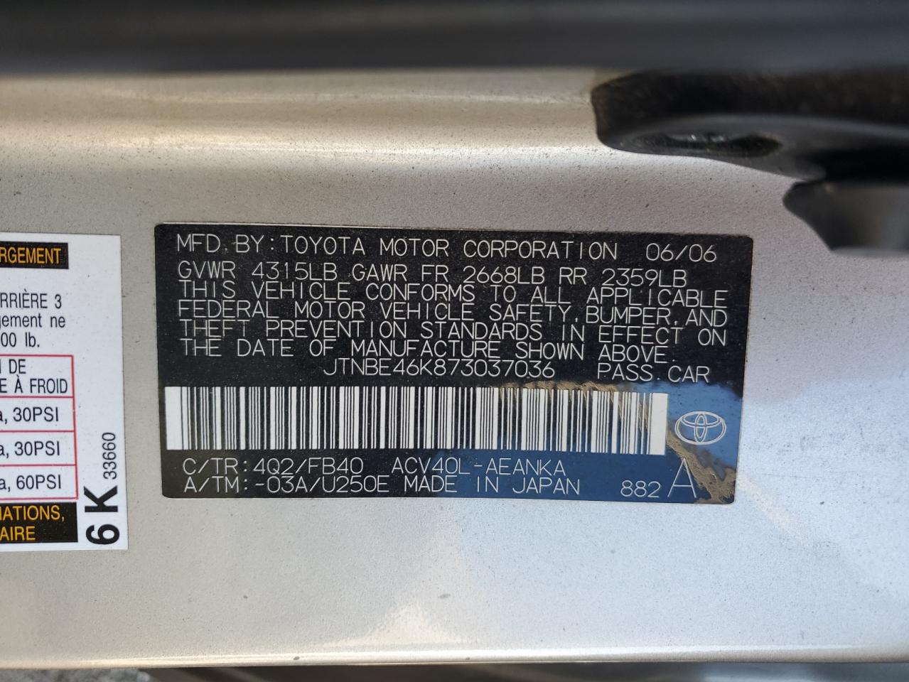 2007 Toyota Camry Ce VIN: JTNBE46K873037036 Lot: 81948605