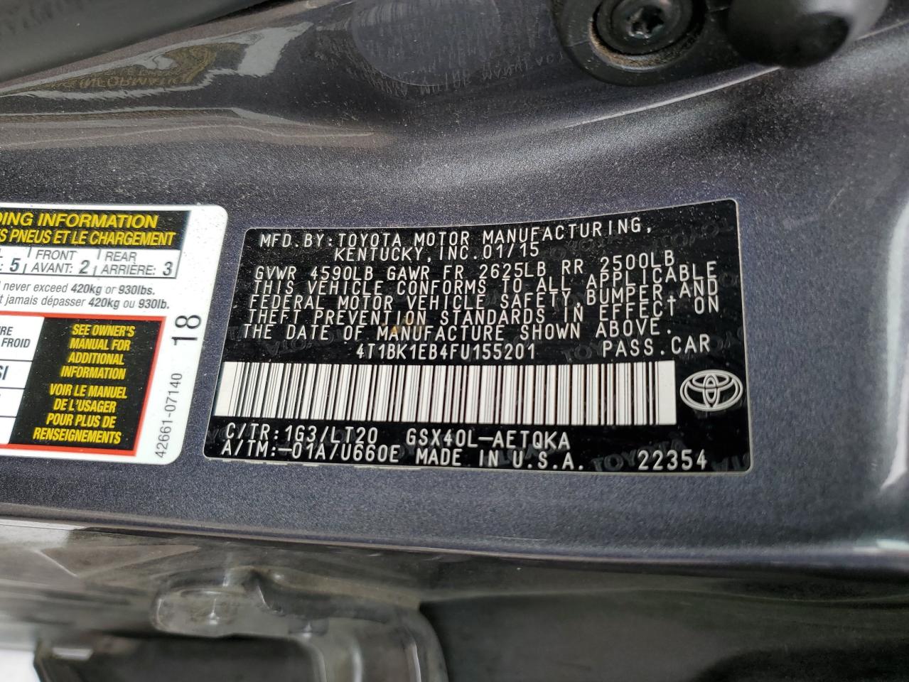 2015 Toyota Avalon Xle VIN: 4T1BK1EB4FU155201 Lot: 85204255