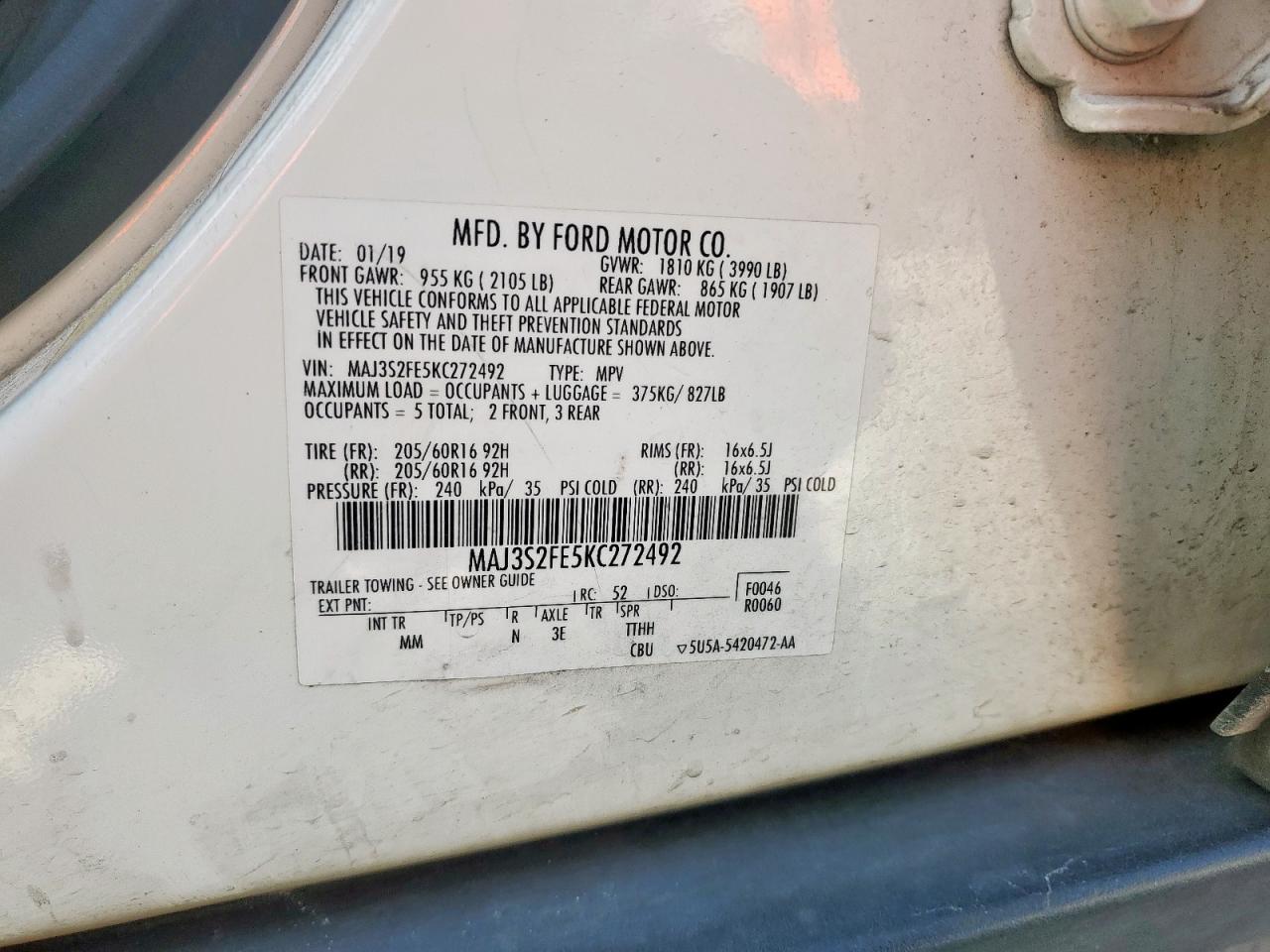 2019 Ford Ecosport S VIN: MAJ3S2FE5KC272492 Lot: 84834445