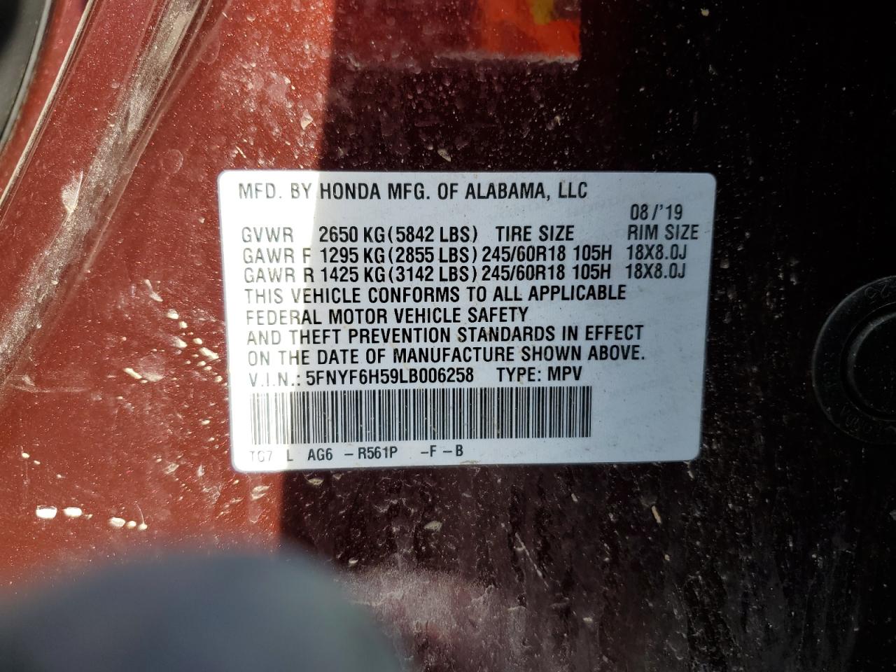 2020 Honda Pilot Exl VIN: 5FNYF6H59LB006258 Lot: 84302215