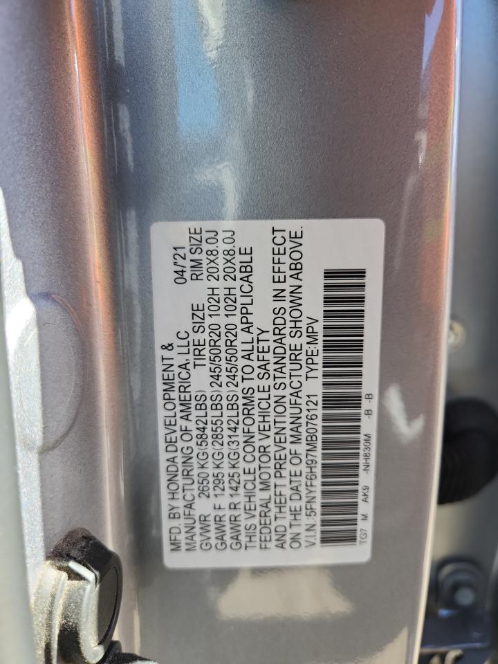 2021 Honda Pilot Touring VIN: 5FNYF6H97MB076121 Lot: 90279265