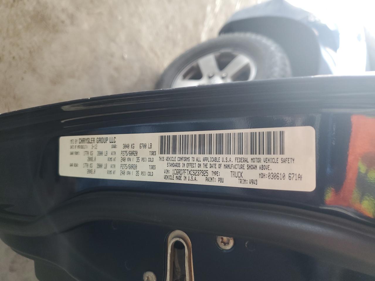 2012 Dodge Ram 1500 St VIN: 1C6RD7FTXCS237925 Lot: 82329875