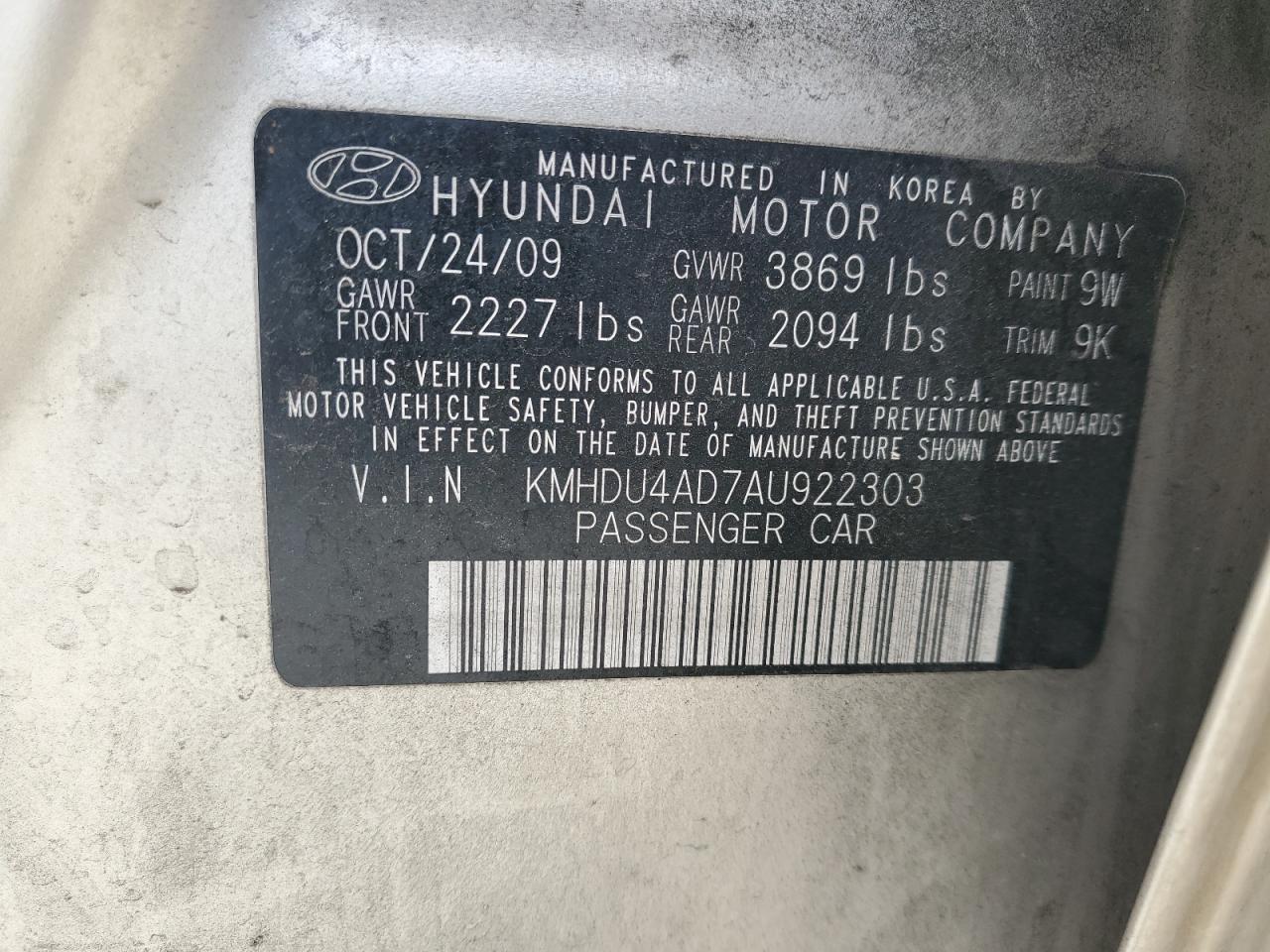 2010 Hyundai Elantra Blue VIN: KMHDU4AD7AU922303 Lot: 86167755