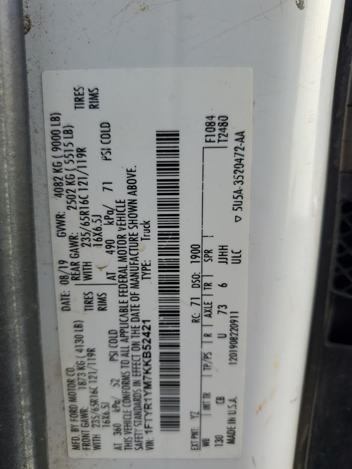 2019 Ford Transit T-250 VIN: 1FTYR1YM7KKB52421 Lot: 90122255