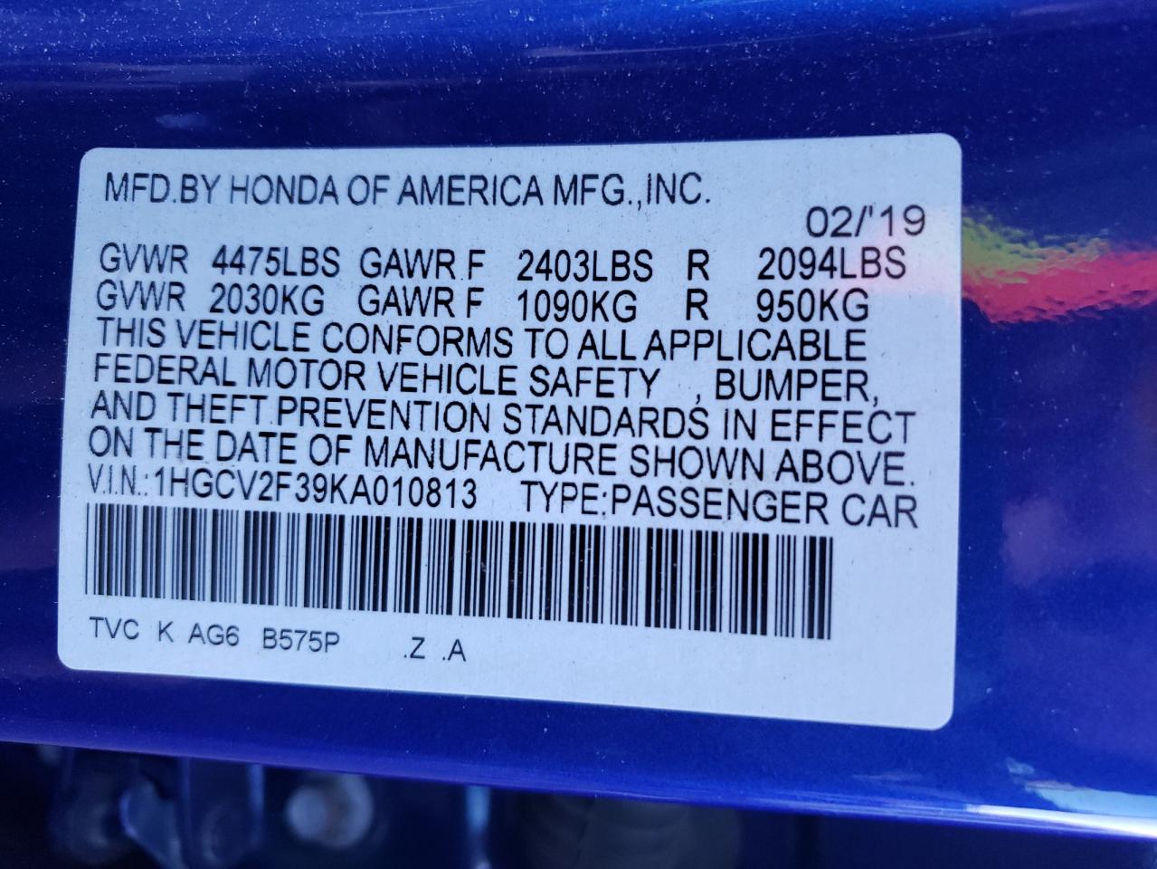 2019 Honda Accord Sport VIN: 1HGCV2F39KA010813 Lot: 85728115