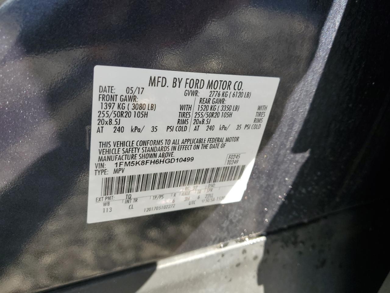 2017 Ford Explorer Limited VIN: 1FM5K8FH6HGD10499 Lot: 86109635