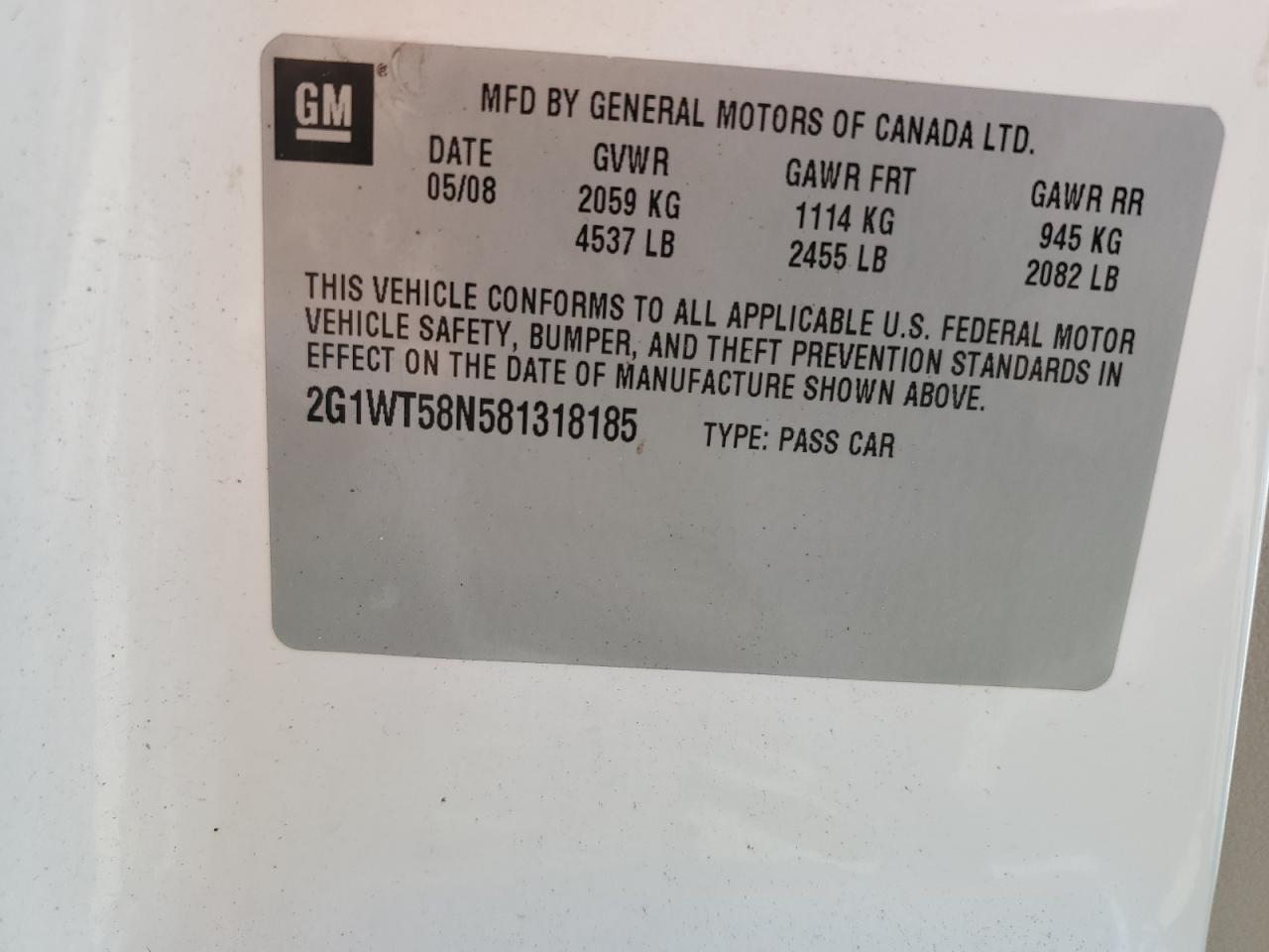 2008 Chevrolet Impala Lt VIN: 2G1WT58N581318185 Lot: 86262645