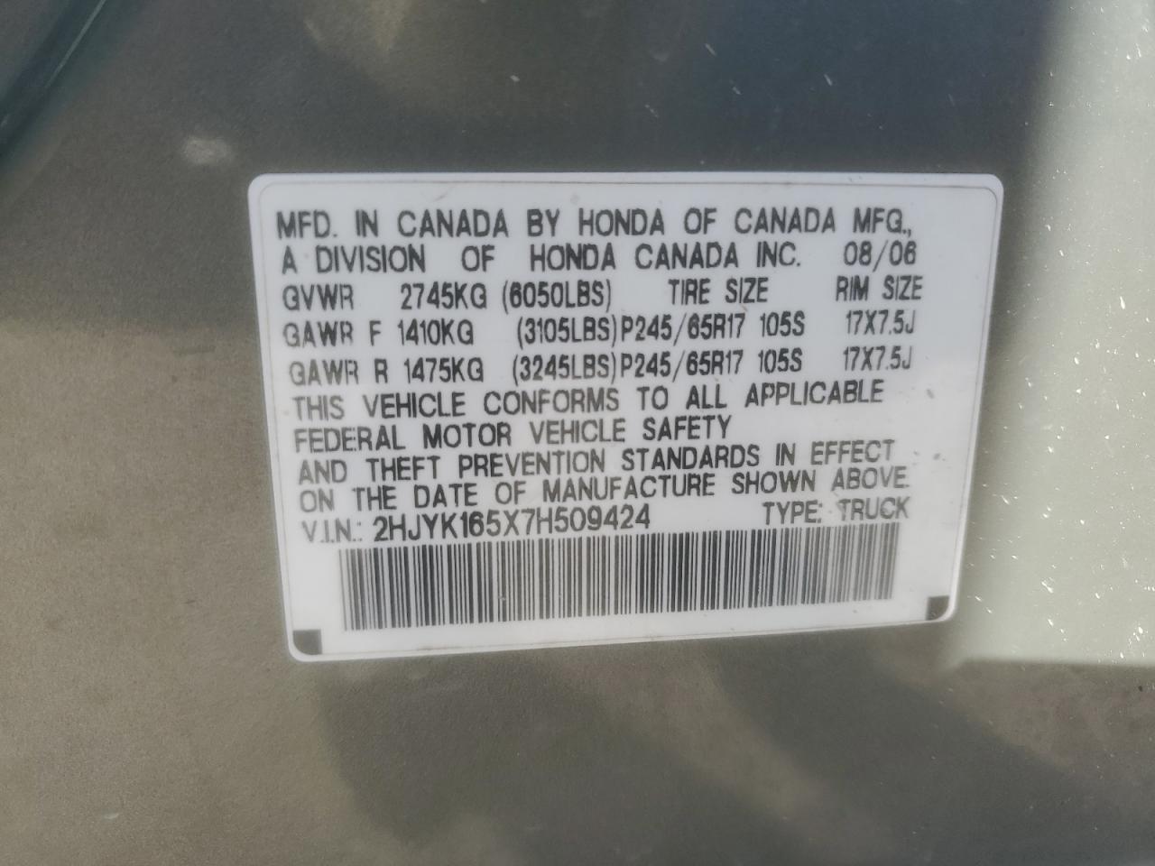 2007 Honda Ridgeline Rtl VIN: 2HJYK165X7H509424 Lot: 90824445