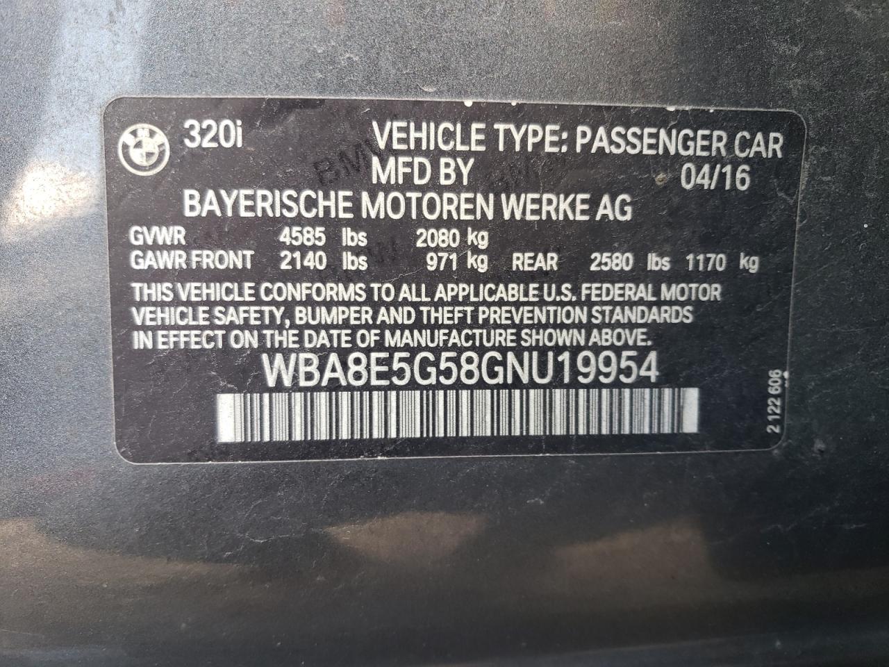 2016 BMW 320 Xi VIN: WBA8E5G58GNU19954 Lot: 85907105