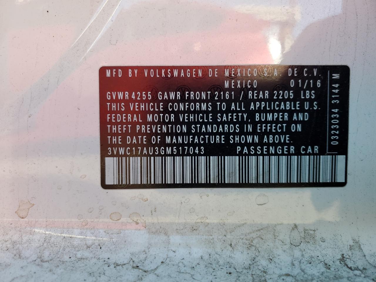 2016 Volkswagen Golf Sportwagen S VIN: 3VWC17AU3GM517043 Lot: 89497875