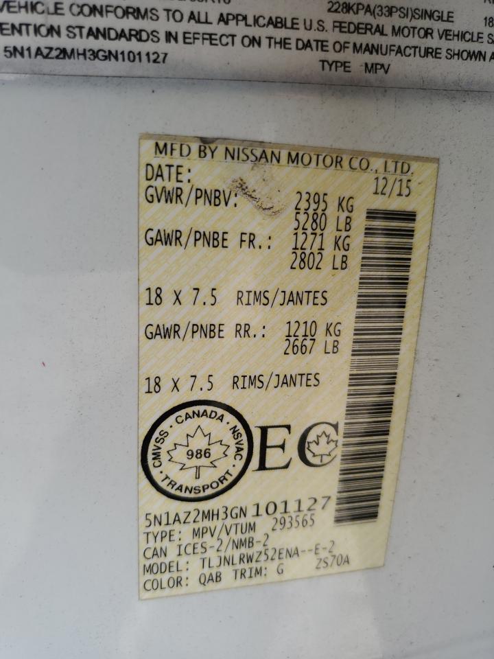 2016 Nissan Murano S VIN: 5N1AZ2MH3GN101127 Lot: 86092525