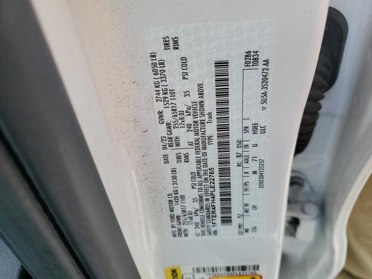 2023 Ford Ranger Xl VIN: 1FTER4FH4PLE22765 Lot: 85588405