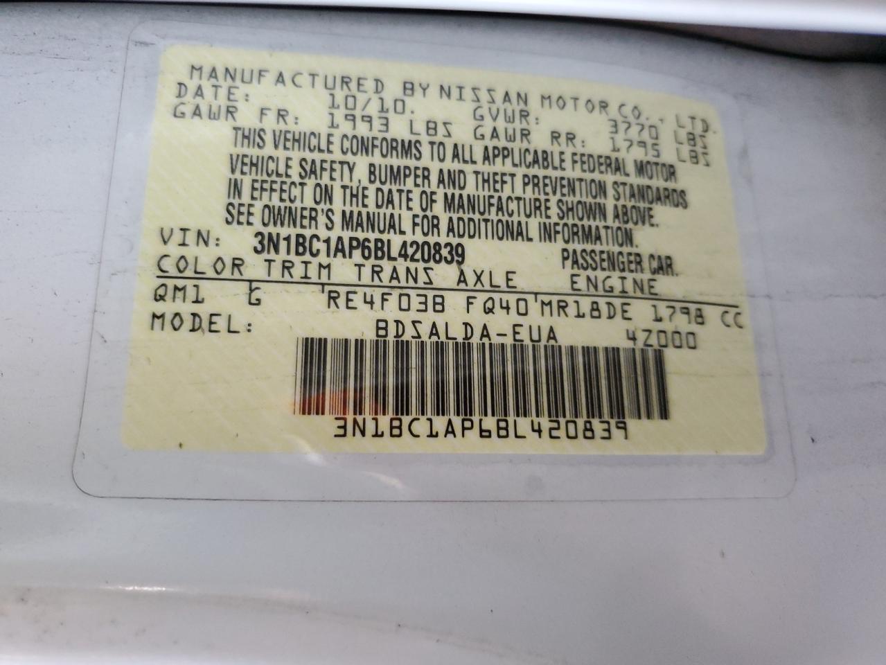 2011 Nissan Versa S VIN: 3N1BC1AP6BL420839 Lot: 86187425