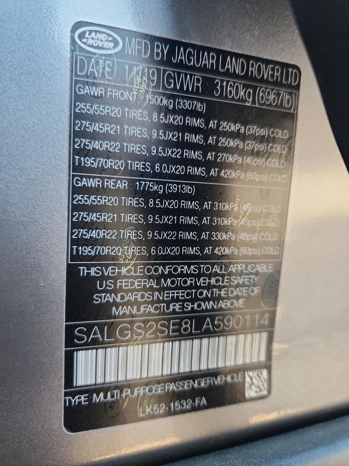 2020 Land Rover Range Rover P525 Hse VIN: SALGS2SE8LA590114 Lot: 84929145