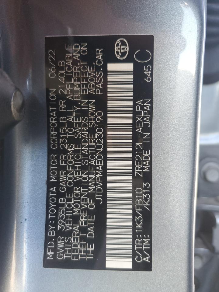 2022 Toyota Corolla Le VIN: JTDVPMAE0NJ230190 Lot: 84890705