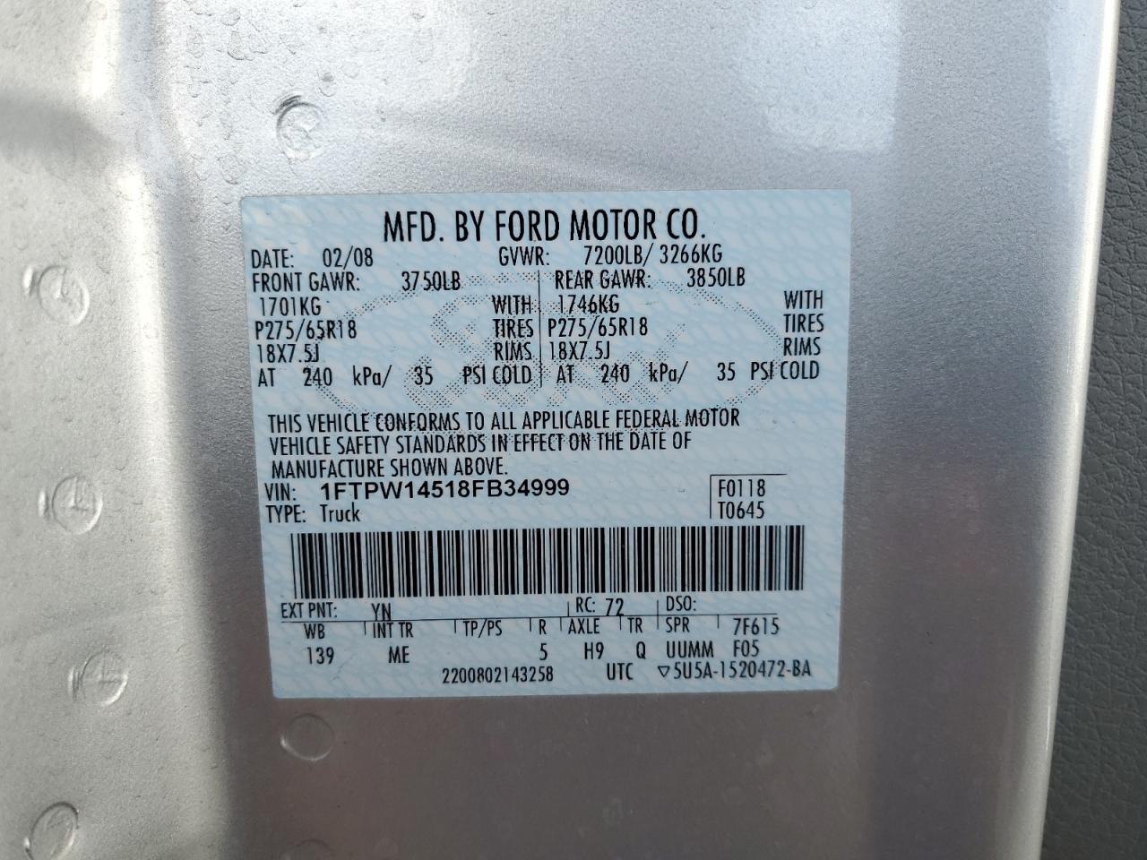 2008 Ford F150 Supercrew VIN: 1FTPW14518FB34999 Lot: 85159595