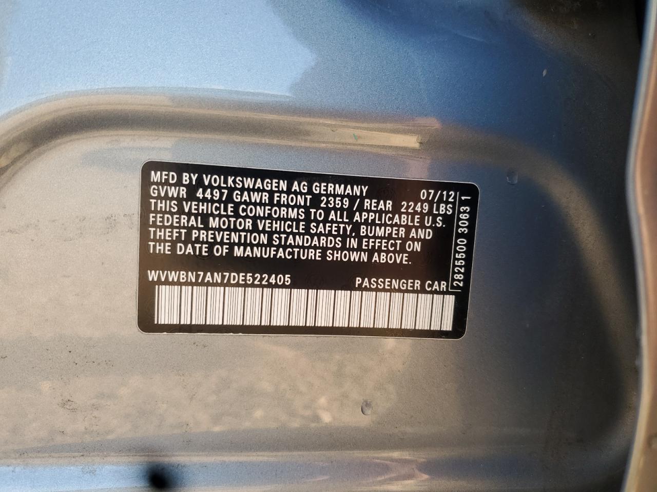 2013 Volkswagen Cc Sport VIN: WVWBN7AN7DE522405 Lot: 86824715