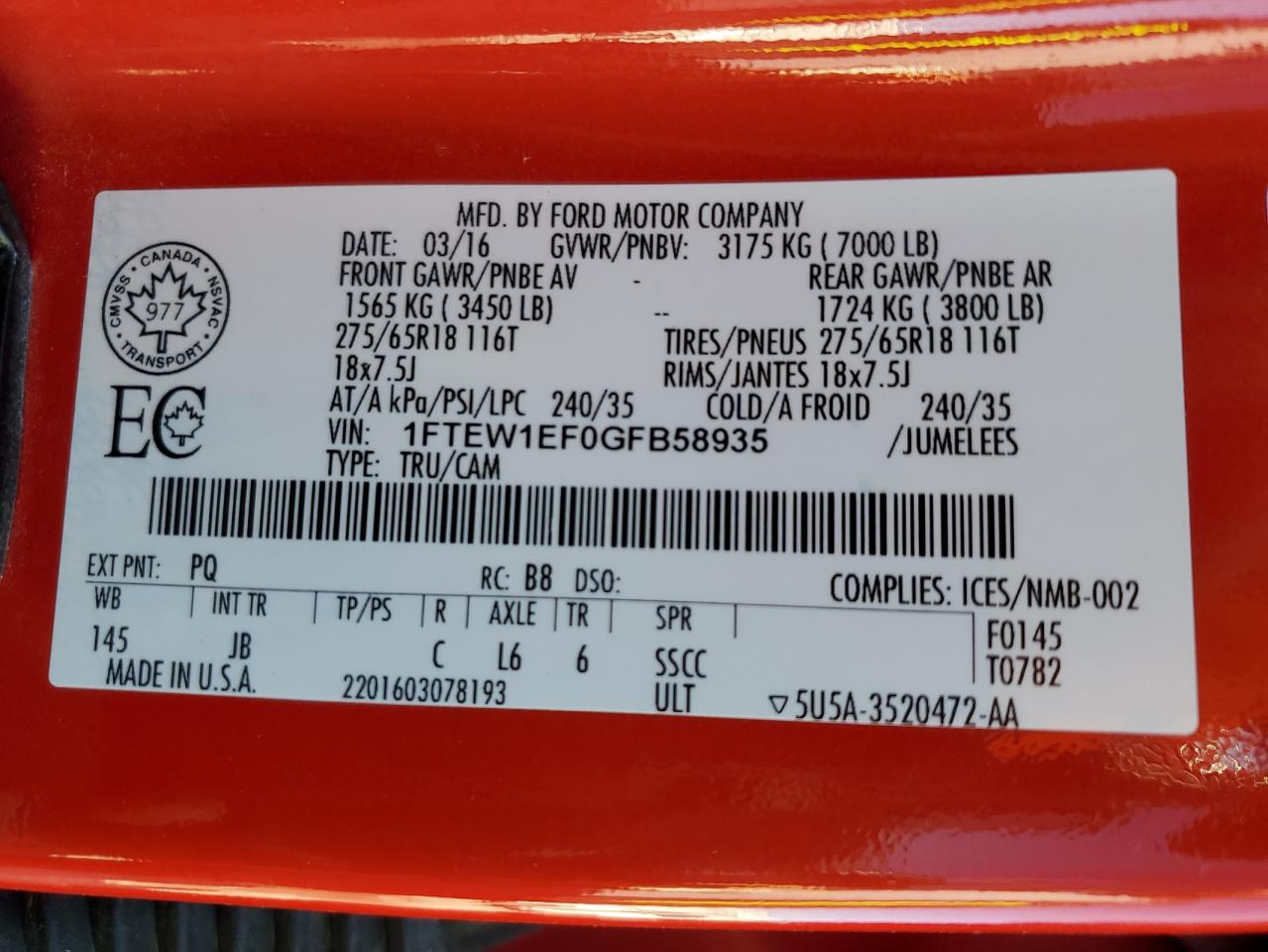 2016 Ford F150 Supercrew VIN: 1FTEW1EF0GFB58935 Lot: 82513915