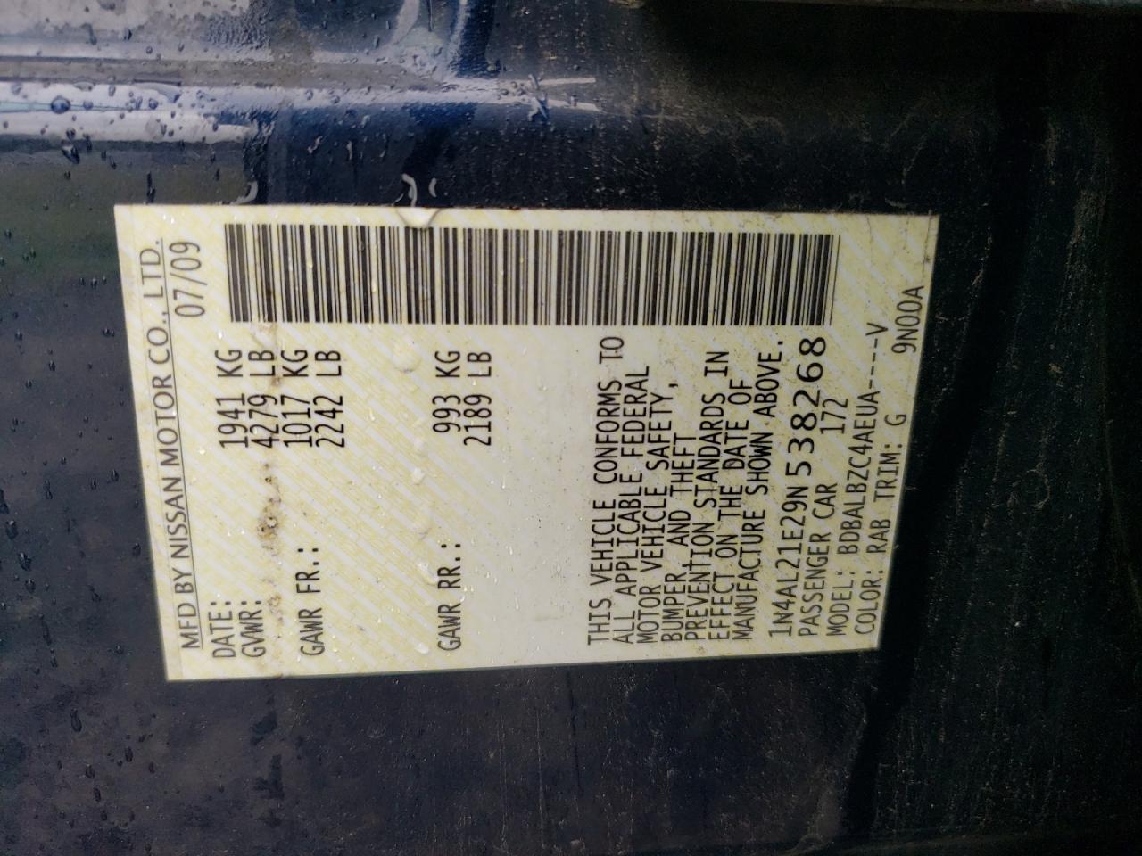 2009 Nissan Altima 2.5 VIN: 1N4AL21E29N538268 Lot: 85344515